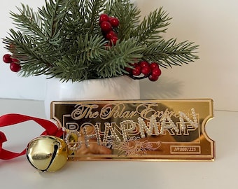 Custom Polar Express Ticket Ornament – Personalized Name Train Ticket | Gold Acrylic Christmas Ornament with Bell & Ribbon | Holiday Gift