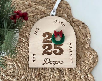 Personalized Family Christmas Ornament 2025 – Custom Name Ornament with Wreath | Wooden Holiday Keepsake