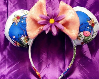 Eeyore mickey Minnie Mouse ears headband, disney, disneyland, Winnie the Pooh, sequins, pink bow