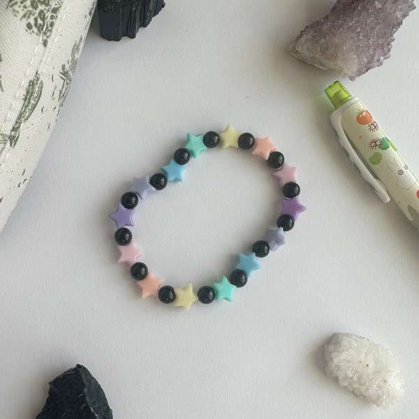 soot sprite inspired / pastel stars and black tourmaline bracelet