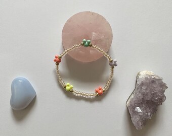 carousel of color beaded bracelet / colorful mickey beads, pearl seed beads, and gold hematite spacers