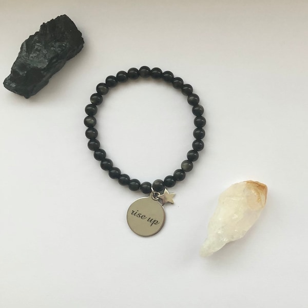 hamilton inspired gold sheen obsidian gemstone charm bracelet / rise up