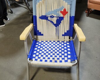 Vintage geweven macrame aluminium opklapbare tuinstoel toronto blue jays ontwerp blauw wit