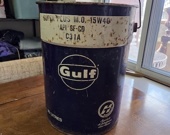 Vintage 1981 Gulf Canada Oil Pail - Super Plus 15W40 - 20 Litre Steel Bucket