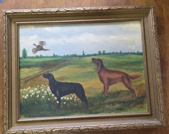 Vintage 1946 Original Canadian Sporting Art - Irish Setter & Black Lab on Point - Signed G.A. Suchard, London Ontario - 16x20 Oil on Canvas