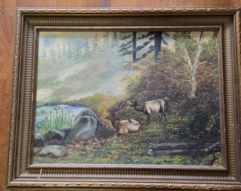 1946 Original Canadian Wildlife Oil Painting - Elk in Misty Forest - Signed G.A. Suchard, London ON - 16x20 Heritage Frame