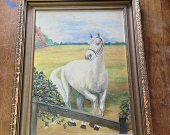Vintage 1946 Original Equestrian Oil Painting - White Horse in Pasture - Signed G.A. Suchard, London Ontario - 16x20 Period Frame
