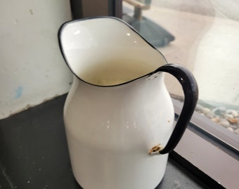 Vintage antique white enamelware milk/water pitcher with black trim 10" tall