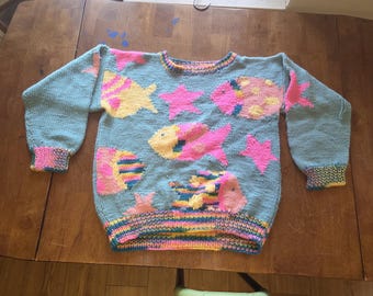 Vintage 80s/90s Under the Sea Novelty Knit Sweater – Fish & Starfish – Women’s Medium