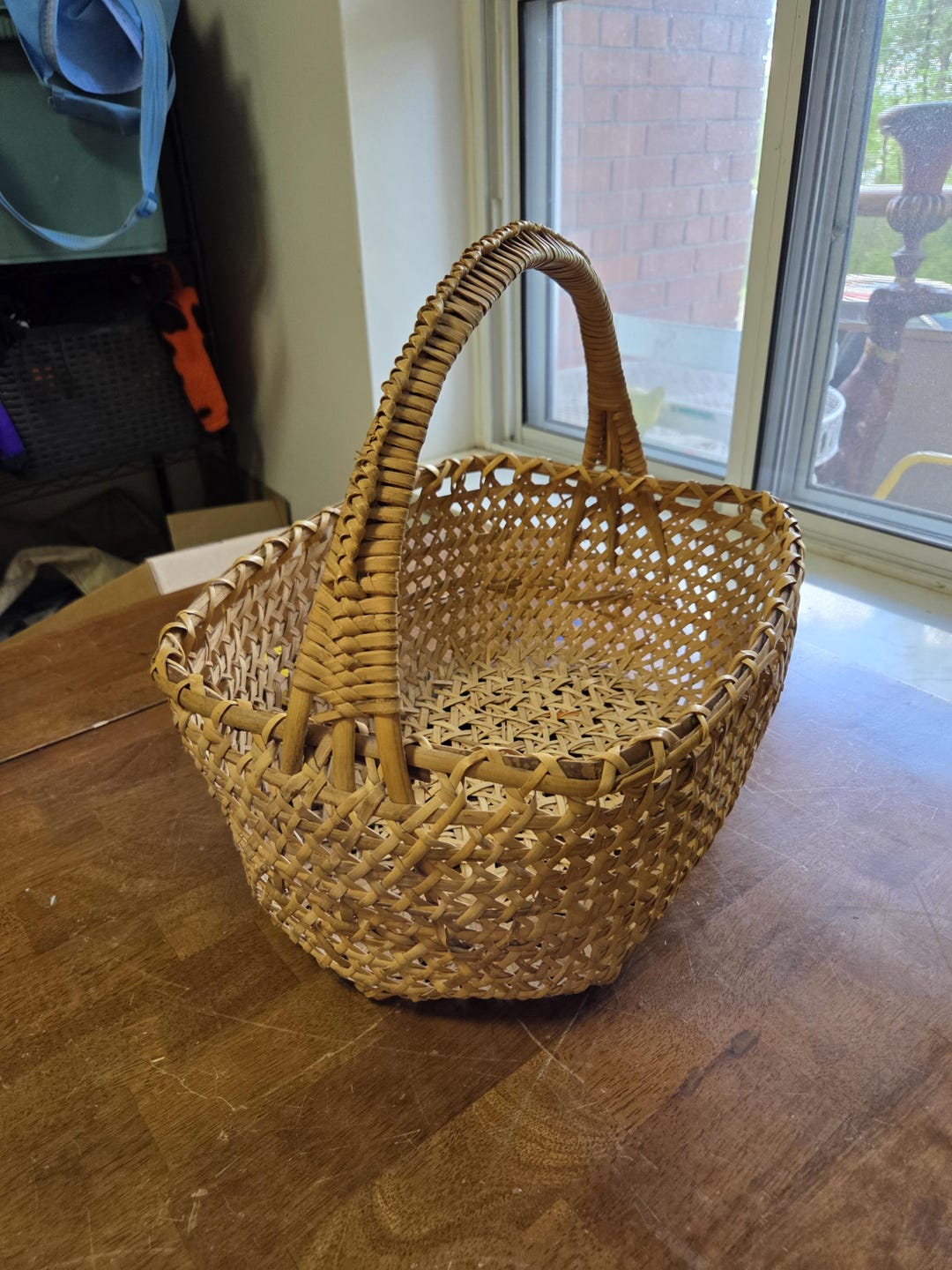 Vintage Hand Woven Splint Wood Market Basket Large 15x12 Hexagonal ...