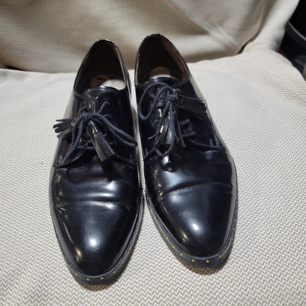 Pertini black patent leather shoes oxfords studs women's 37 usa 6