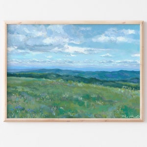 May include: A painting of a green grassy field with a blue sky and white clouds. The field is in the foreground and the sky is in the background. There are mountains in the distance.