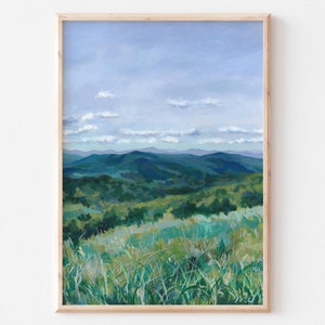 May include: A painting of a landscape with rolling green hills and a blue sky with white clouds. The hills are covered in green grass and trees. The sky is a light blue with white clouds.