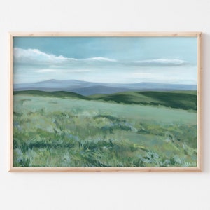 May include: A painting of a green grassy field with a distant mountain range in the background. The sky is a light blue with white clouds.