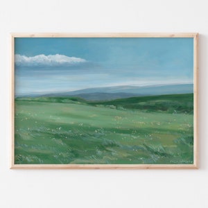 May include: A framed painting of a green grassy field with a blue sky and white clouds in the background. The field is rolling and there are some small trees in the distance.