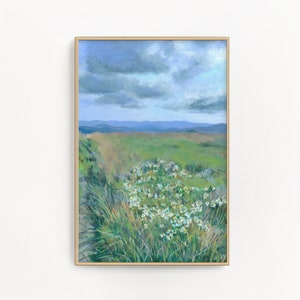 May include: A painting of a field of white wildflowers with a cloudy sky in the background.