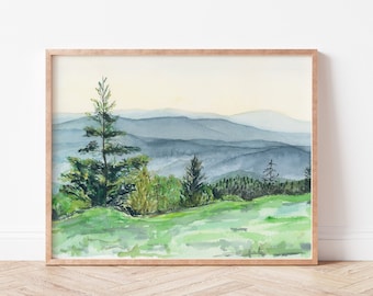 Smoky Mountains Watercolor Painting | Mountain Spruce Landscape Print
