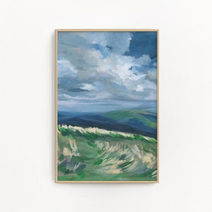 May include: A painting of a landscape with rolling green hills and a blue sky with white clouds. The sky is mostly cloudy, with a few patches of blue showing through.