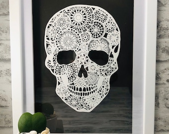 Hand Cut Mandala Sugar Skull Framed Papercut Wall Art