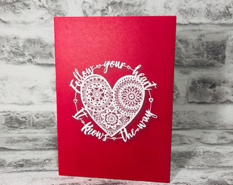 Mandala Follow Your Heart It Knows The Way on Red Background Printed Greetings Card Blank Inside