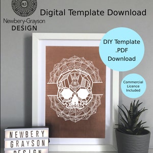 May include: A digital template download for a geometric skull mandala design. The template is in PDF format and includes a commercial license. The image shows a copper-colored background with a white skull mandala design.