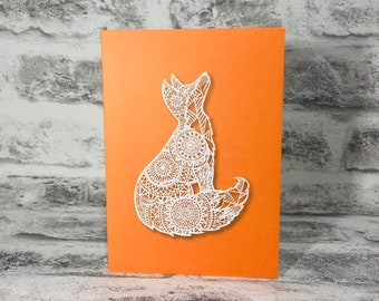 Mandala Fox on Orange Background Printed Greetings Card Blank Inside