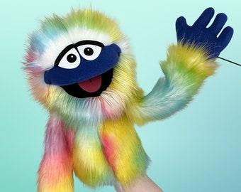 Ez Pz Pro Monster - Hand and Rod Puppet / Hand Puppet - Rainbow Fur with Navy Blue