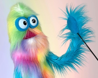 Tie-Dye Rainbow Fur Mega Meep Puppet - Hand and Rod - Made-to-Order