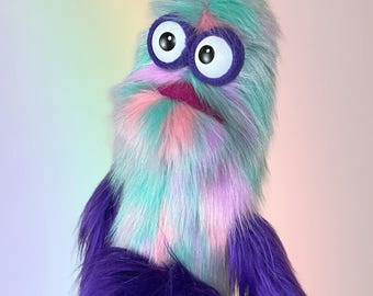 Mega Meep Hand and Rod Puppet - Rainbow Sherbet Fur with Purple Fleece - Made to Order