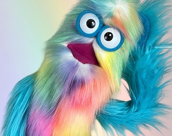 Tie-Dye Rainbow Fur Mega Meep Puppet - Hand and Rod - Made-to-Order