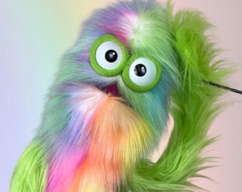 Tie-Dye Rainbow Fur Mega Meep Puppet with Neon Green Fleece - Hand and Rod - Made-to-Order