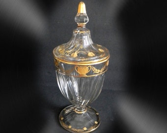 Heisey art glass lidded glass jar with gold decorations