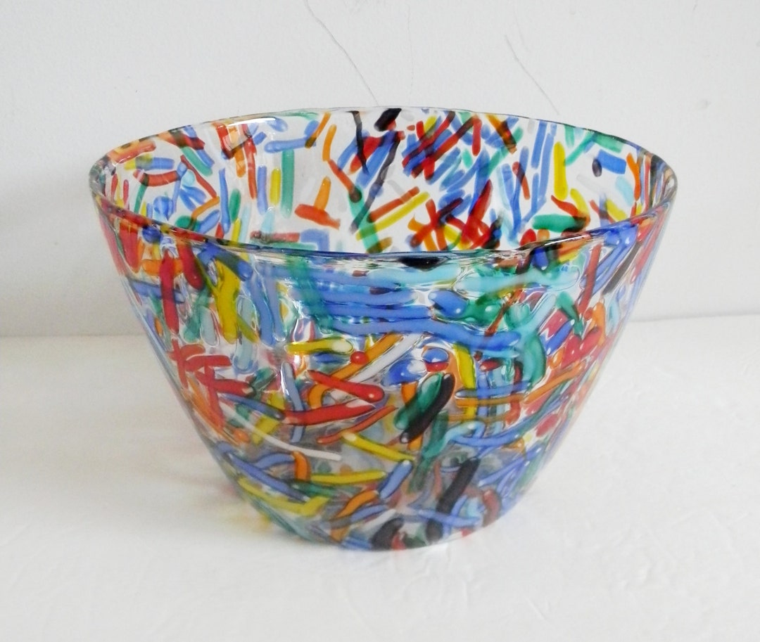Art Glass Large Bowl With Multicolor Designs Etsy