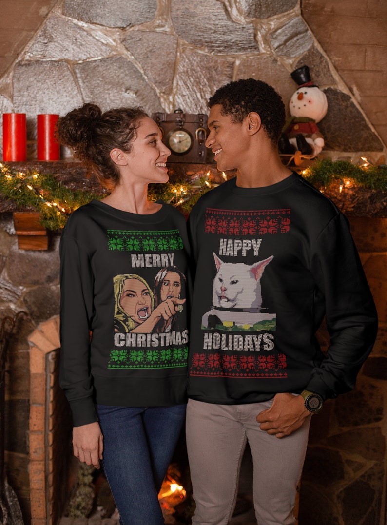 Yelling at Cat Meme Couples Sweatshirt Design Two Sweatshirts image 1