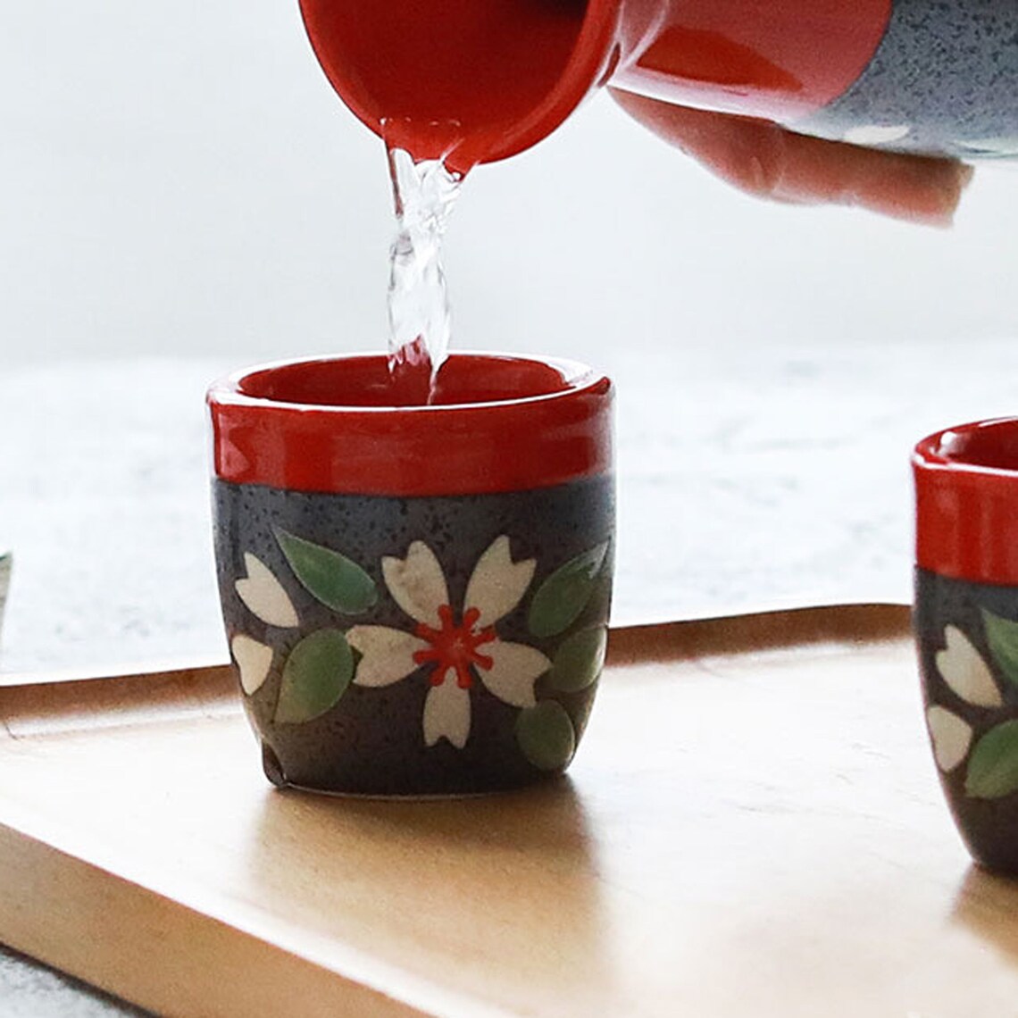 Japanese Ceramic Sake Cup Set Blossoms Pattern Sake or Tea Etsy