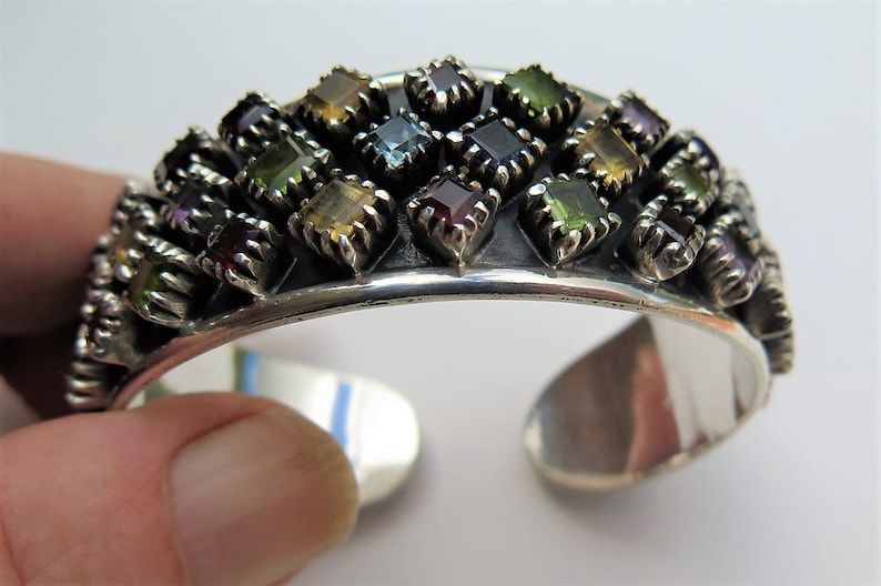 Silver cuff with Crystal Quartz Citrine and Garnet stones Silver Bracelet Modern Silver Jewellery Amethyst Peridot