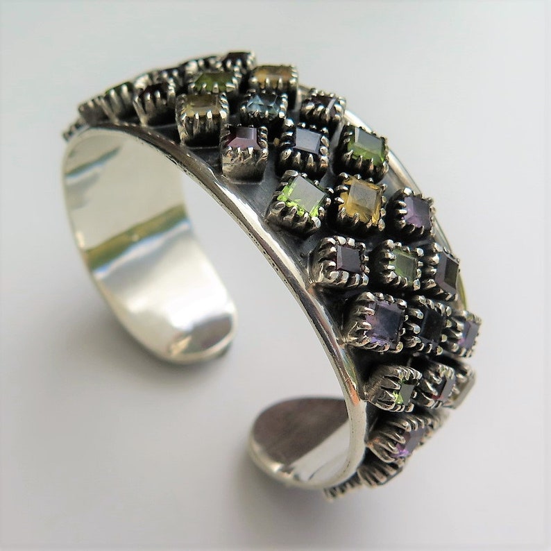 Silver cuff with Crystal Quartz Citrine and Garnet stones Silver Bracelet Modern Silver Jewellery Amethyst Peridot