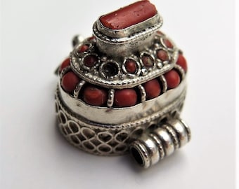 Tibetan Silver & Coral Pendant / Tibetan box pendant / Tibetan Jewellery
