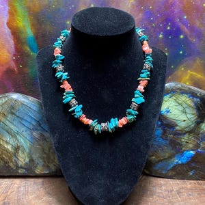 Turquoise and Coral southwestern necklace with sterling silver beads