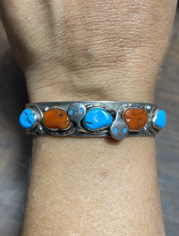 Zuni turquoise and coral sterling silver cuff made
