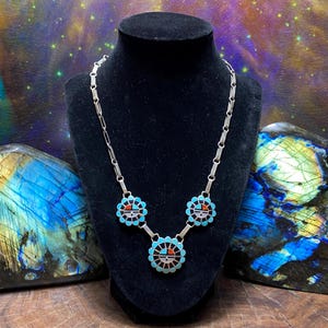 Turquoise, coral, black Onyx Vintage Zuni Sterling, silver sun face inlay necklace
