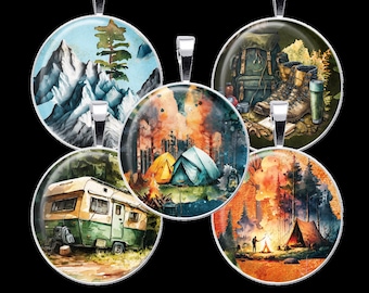 Camping 2 Digital Collage Sheet, Hiking Bottle Cap Collage, Nature Collage - DCC182 -18mm,20mm,25mm & 30mm Circles-Instant Download