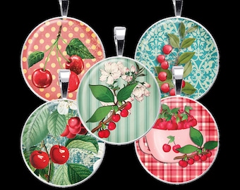 Cherries Digital Collage Sheet, Cherry Bottle Cap Collage, Fruit Collage - DCC176 -18mm,20mm,25mm & 30mm Circles-Instant Download