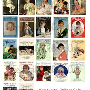 May include: A collage of 25 vintage magazine covers for Woman's Home Companion. The covers feature illustrations of children, women, and families. The covers are from various years and feature different themes, such as Christmas, Easter, and spring fashion.