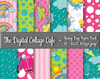 Rainy Day Digital Paper Pack, Rubber Duck Digital Paper Pack, Rain Drop Digital Paper Pack - DPP031 - 12 - 12x12in 300ppi JPEGs