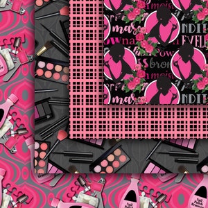 Puede incluir: Un collage de im&aacute;genes con productos de maquillaje y belleza. La imagen superior muestra un patr&oacute;n rosa y negro con el texto "mas" y "NDIT". La imagen del medio muestra un patr&oacute;n a cuadros rosa y negro. La imagen inferior muestra un patr&oacute;n gris y rosa con pinceles de maquillaje, quitaesmalte y paletas de sombras de ojos.