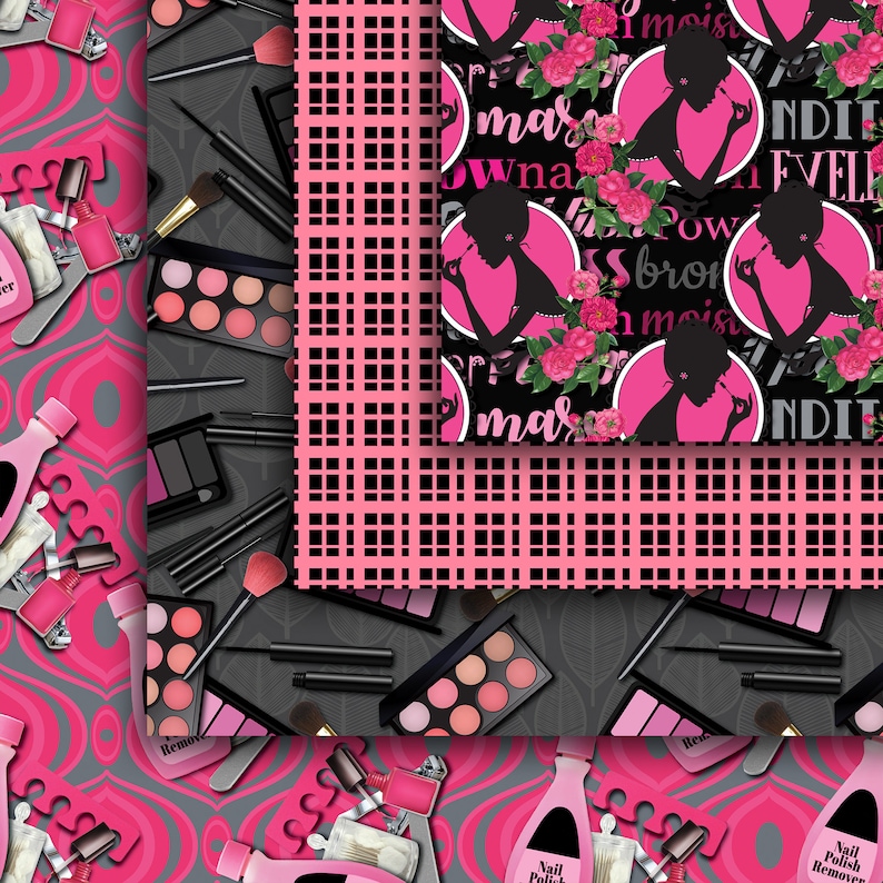 Puede incluir: Un collage de im&aacute;genes con productos de maquillaje y belleza. La imagen superior muestra un patr&oacute;n rosa y negro con el texto "mas" y "NDIT". La imagen del medio muestra un patr&oacute;n a cuadros rosa y negro. La imagen inferior muestra un patr&oacute;n gris y rosa con pinceles de maquillaje, quitaesmalte y paletas de sombras de ojos.