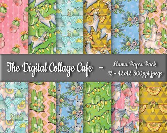 Llama Seamless Digital Paper Pack, Alpaca Digital Paper Pack, Pastel Llama Scrapbook Paper, Llama Pattern - DPP057 - 12-12x12in 300ppi JPEGs