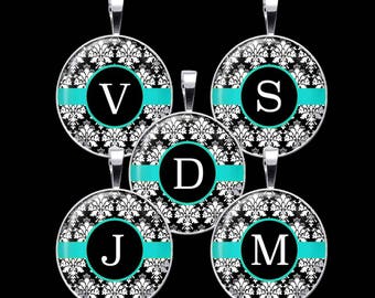 Damask Alphabet in Aqua Digital Collage Sheet DCC003 - 18mm, 20mm, 25mm and 30mm Rounds or Circles - Immediate Download