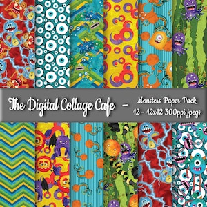 Monsters Seamless Digital Paper Pack, Monster Digital Pattern, Flying Monsters Paper Pack, Creature Paper Pack -DPP120-12-12x12in 300ppiJPEG
